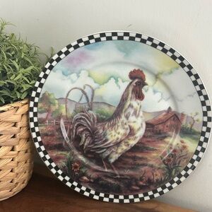 Farmhouse WHITE Rooster Wall 8" Decorative Plate Checkered Border Wall Decor
